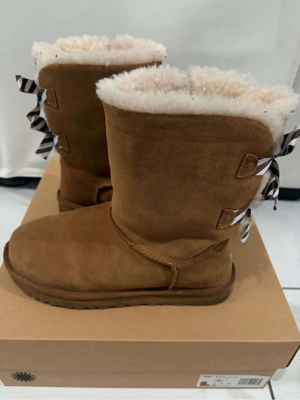 UGG Chestnut Suede Shearling Mid-Calf Boots with Ribbon Back